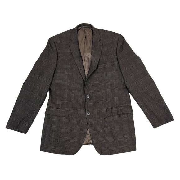 Calvin Klein men's blazer 42L brown plaid 100% wool 2 button satin lined - Picture 1 of 7